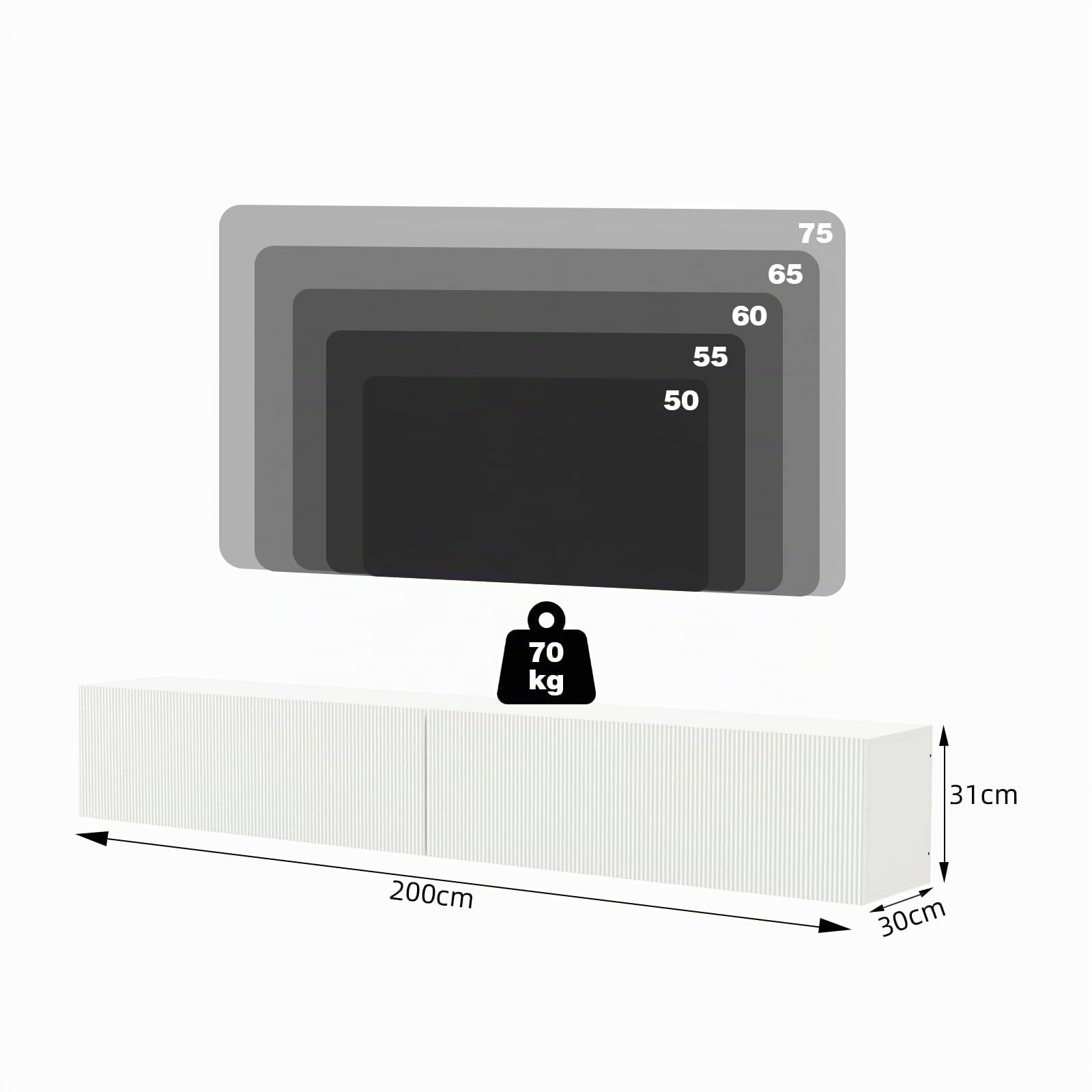 Mobile TV Sospeso 200x30x31cm, Mobile da Parete con 4 Scomparti Archiviazione, Mobile TV Moderno, Bianco, Adatto per TV fino a 85 Pollici per Soggiorno e Camera da Letto