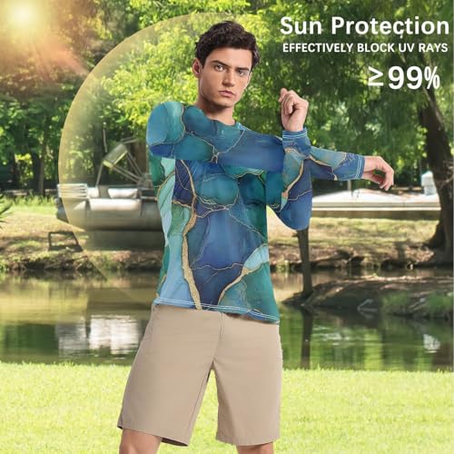 Marble Green Royal Blue Men's UPF 50+ Classic Crew Neck Comfort Men's Sun Protection Long Sleeve Water Fishing4