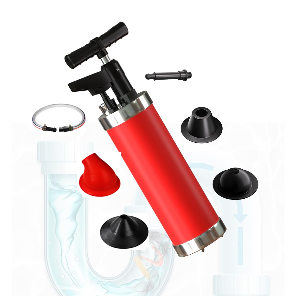 Pompa Stura Scarichi a Pressione con 4 Adattatori per Lavandino, Stantuffo WC Elettrico con Manometro Visivo, Sturalavandini a Pressione, per Disintasare WC, Lavello, Vasca