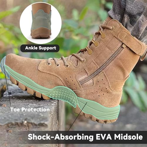 Men’s Tan Leather Light Tactical Combat Boots, Waterproof Work Shoes with Side Zipper&Lace for Jungle Hunting, Welding, Landscaping, Army, Law Enforcement, Police, EMS, Security3