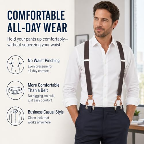 Image of Men's Heavy Duty Y-Back Suspenders, 6 Strong Metal Clips Adjustable Elastic Straps for Work, Tuxedos, and Daily Wear
