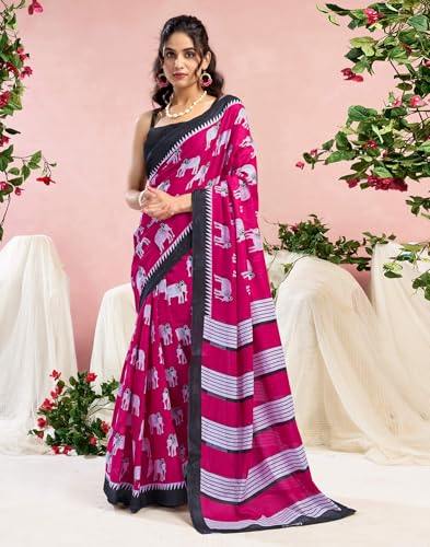 Image of SIRIL Women's Printed Cotton Saree with Unstitched Blouse Piece