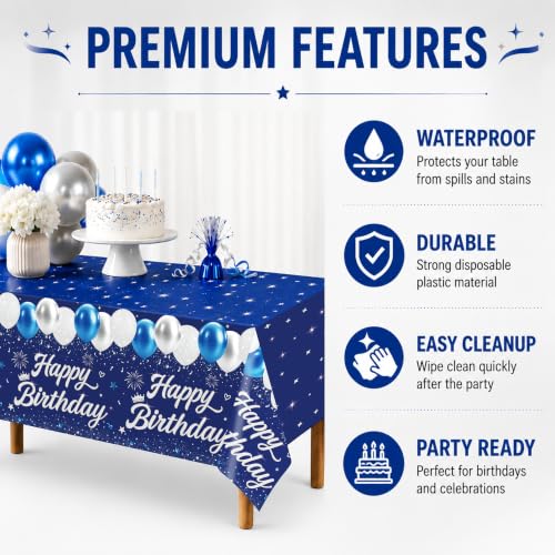 Image of 4 Pack Blue and Silver Happy Birthday Tablecloths, 54 x 108 Inch Covers | Blue and Silver Birthday Party Decorations for Boys, Teens and Men, Ideal for Cake, Dessert, Gift and Buffet Tables