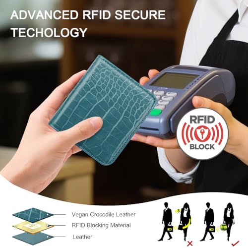 Image of Crocodile Wallets Women Small RFID Blocking Credit Card Holder | Luxury Alligator Faux Leather Thin Bifold Croc Womens Wallet Ladies Mini Purse with Coin Pocket, Blue