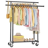 HYSEYY Double Rods Clothes Rail, Rolling Clothes Rack, Metal Clothing Rail with 4 Lockable Wheels & Storage Shelf, Sturdy Clothes Rails for bedroom, Laundry Room, 160Hx113Wx42D cm