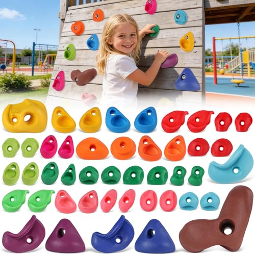 Image of 45 PCS Rock Climbing Wall for Kids,Rock Wall Climbing Holds,Adults Climbing Wall Grip Kits Holds Up to 230 lbs for Outdoor Indoor Home Playground Climbing Holds