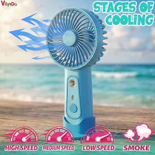 Image of VikriDA Cute Jolly Panda Portable Rechargeable Handheld Fan with Water Spray | Short Handle Small Fan for Travel, Office, Desktop - 1pc Multicolor