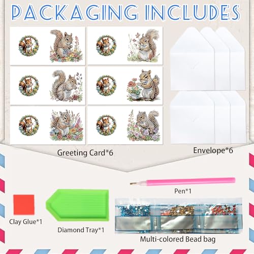 Image of AiYuanzsh 6 Pack Diamond Painting Greeting Cards with Envelopes, DIY 5D Diamond Art Card Kit Featuring Cute Squirrels, 30x15cm Handmade Rhinestone Cards Crafts for Greetings and Seasonal Wishes