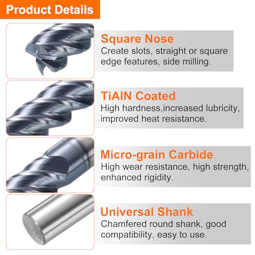 Image of HARFINGTON 2pcs Carbide Square Nose End Mill Bit 1 /2 inch Cut Dia 4 Flutes TiAlN Coated Milling Cutter for Hardened Steel Metal (1 /2 inch Shank 1-1 /2 inch Cut Length 4 inch Long 45 Degree HRC49-51)