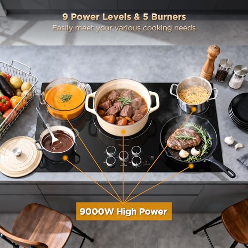 Image of 36 Inch Electric Cooktop 5 Burners, Electric Stove Top with Knob Control, Built-in Ceramic Stove, Fast Heat, 9 Heating Level, 9000W with Hard Wire for 220V~240V