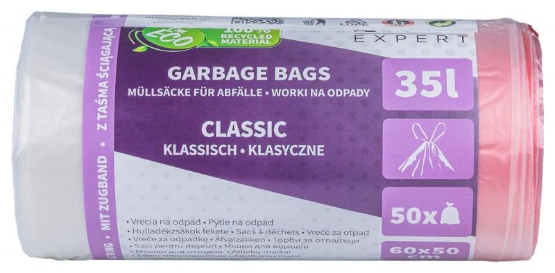 Müllsäcke 35l x 12 Rollen x 50 Müllbeutel, mit Zugband, LDPE, Transparent