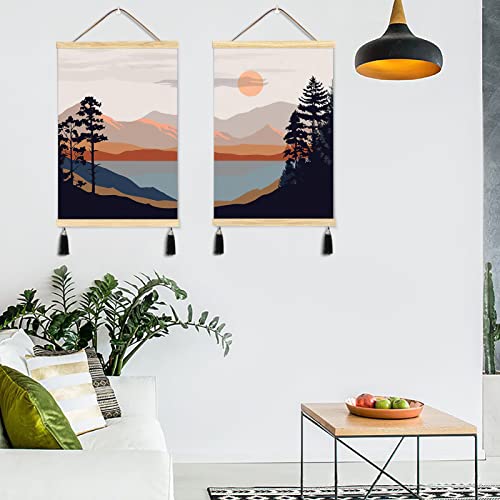 Boho Wall Art Sun Mountain Canvas Wall Art Prints Wooden Magnetic Poster Hangers Framed 16 X 24 Inch Set Of 2 Nature Botanical Wall Art For Living Room Bedroom Mid Century Modern Wall Decor #TOP2