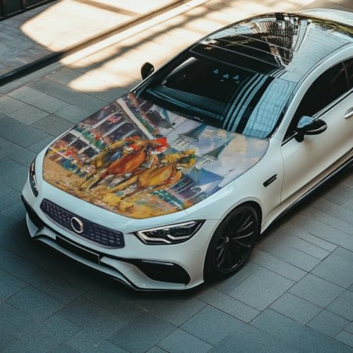 Image of Car Hood Cover, Protector Auto Hood Wraps Waterproof Stretchable Horse Racing Prints Auto Exterior Accessories for Compact Sedan SUV Truck Van (59x39 Inch)