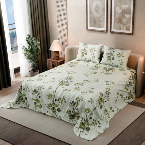 Image of BLISSHOME SoftTouch 140TC Cotton King Size Printed Bedsheet with 2 Pillow Covers for Double Bed, Silky Smooth Bedding Set, Breathable, Easy Maintain, Floral Print - Green