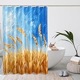 Weizen-Duschvorhang, blau-goldenes Weizenfeld-Duschvorhang für Badezimmer-Dekor, Sommer, zeitgenössisch, künstlerisch, wasserdicht, Stoff-Duschvorhang-Set mit Haken, 183 x 183 cm