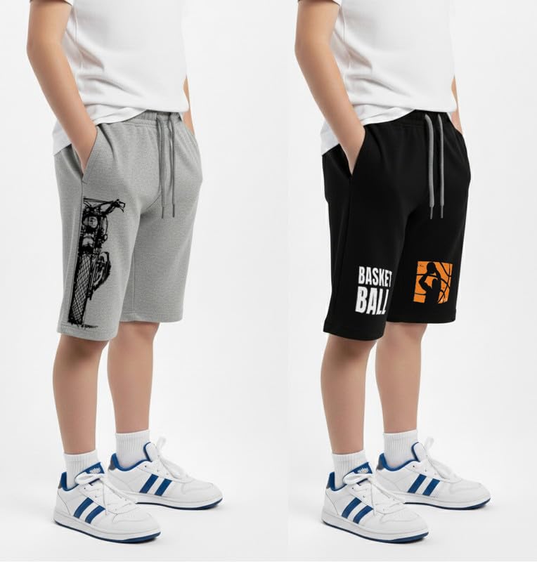 Image of hotfits Boy's Cotton Knee Length Graphic Casual Shorts with Pocket - Pack of 2