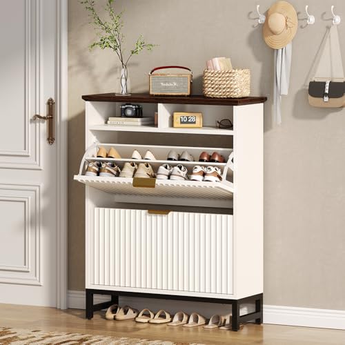 Fluted Shoe Storage Cabinet with 2 Flip Drawers, 31.5" Narrow