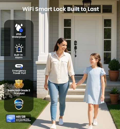 Veise VE017G-H Wi-Fi Smart Fingerprint Front Door Lock Set, Remote App Control, Keyless Entry Deadbolt with Handle, Backlit Keypad, IP55 Weatherproof, Auto Lock, Easy to Install, Matte Black thumbnail 5