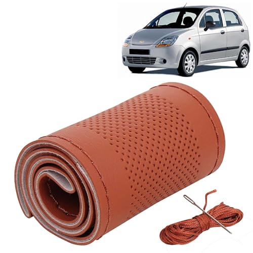 Image of KINGSWAY PU Leatherite Car Steering Cover Sewable Compatible with Chevrolet Spark (Year 2005-2009), Tan Color with Tan Thread, Pack of 1 with Sewing Needle and Thread