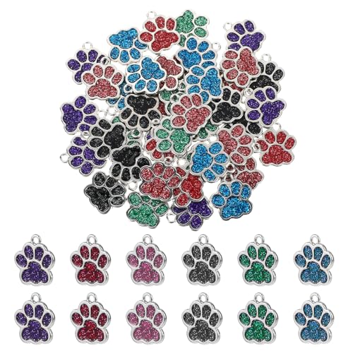 42pcs Dog Paw Print Charms for Jewelry Making - Glitter Footprint Animal Charms - Silver Enamel Paw Print Beads for DIY Bracelets Keychains & Necklaces