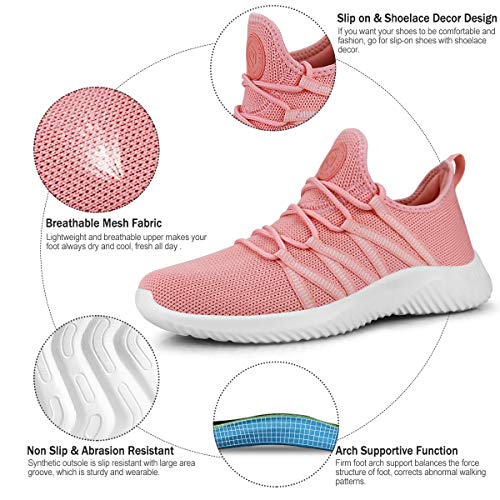Image of Feethit Womens Slip On Running Shoes Non Slip Walking Shoes Lightweight Gym Workout Shoes Breathable Fashion Sneakers Pink Size 7