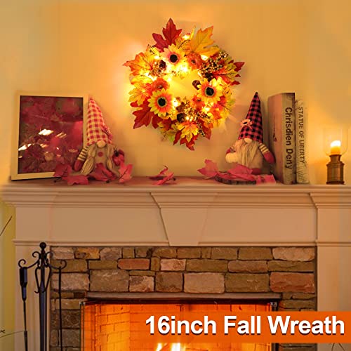 [ Prelit & Timer ] Fall Wreath Sunflower Decor For Front Door 20 Led Mixcolor Maple Leave Pumpkins Pinecone Berry Acorn Autumns Wreath Fall Thanksgivings Home Outdoor Decor 16 Inch #TOP2