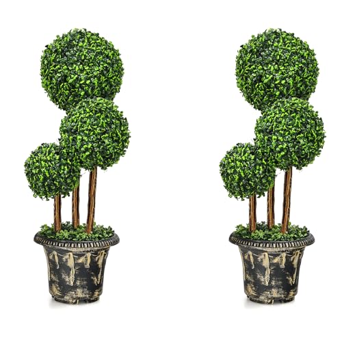 DREAMADE 3ft. Boxwood Topiary Fake Trees, Faux Topiary Trees w/Triple Balls, Metal Rod, Winding Vines, Topiary Trees Artificial Outdoor Indoor for Front Porch Office Home Balcony Garden (Set of 2)