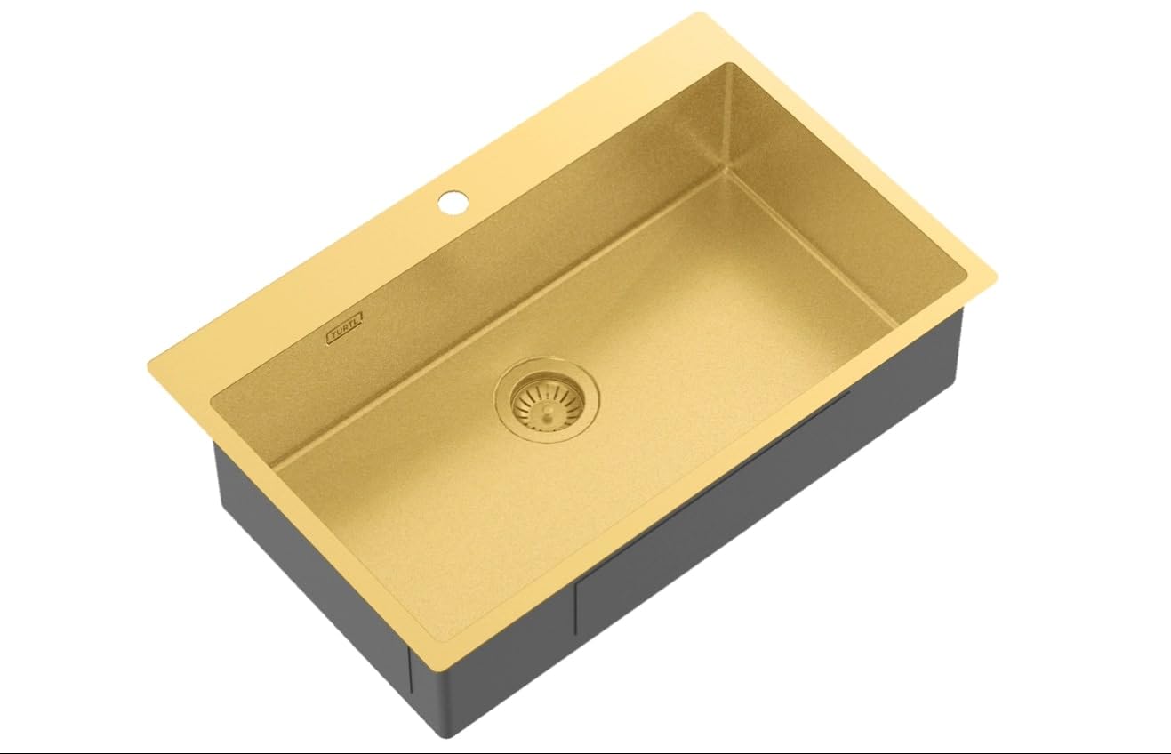 Gurari Edelstahlspüle TERRA100M + Küchenarmatur 5523, Einbau Spüle 790 x 505 mm, Gold, Rechteckiger