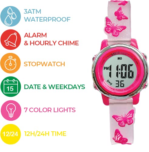 Kids 3D Digital First Watch - Monster Trucks, Dinosaurs, Shark, Space, Unicorn, Butterfly - Waterproof, 7 Colors Light, Alarm, Stopwatch - Girls, Boys, Children - School Watch (Pink Butterfly) #TOP3