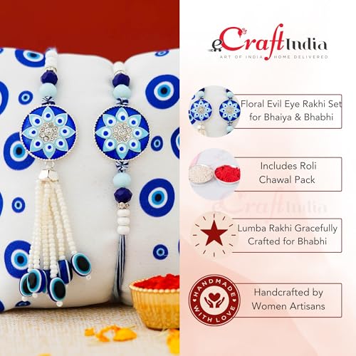 Image of eCraftIndia Floral Evil Eye Designer Rakhis for Brother and Bhabhi | Bhaiya Bhabhi Rakhi Set of 2 | Lumba Rakhi | Best Bro Ever Fridge Magnet | Roli Chawal Pack