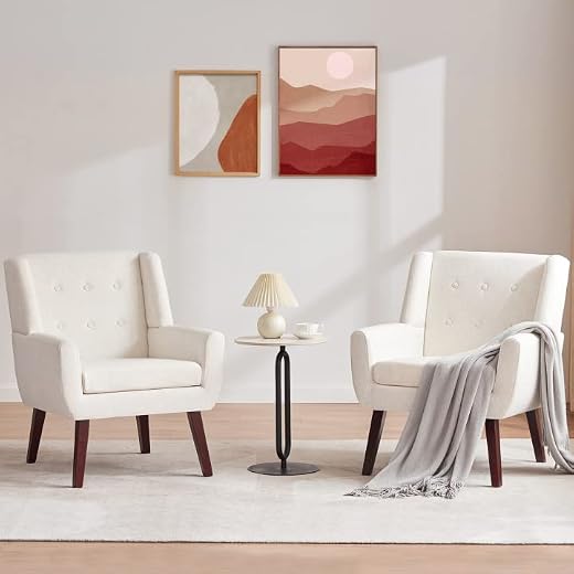 HUIMO Accent Chair, Arm Chair Set of 2, Button Tufted Upholstered Reading Chair, Linen Fabric Mid Century Modern Chairs for Bedroom, Living Room Chair, Comfy Sofa Chair(2, Beige)