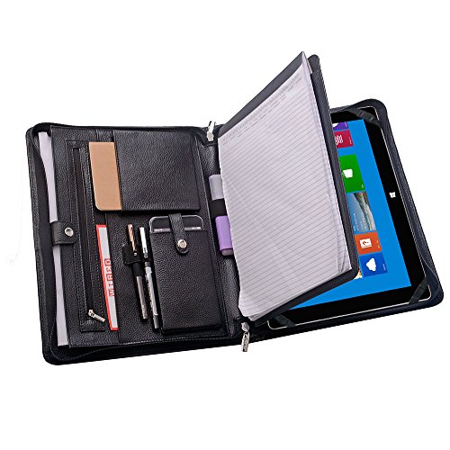 Icarryall Genuine Leather Portfolio Organizer Padfolio For Surface Pro 7 / Pro 6 / Pro 5 / Pro 4, A4 Notepad, Black #TOP1