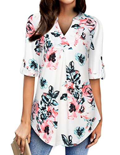 Image of Womens Notch V Neck 3 /4 Sleeve Dressy Tunic Shirts Work Blouse