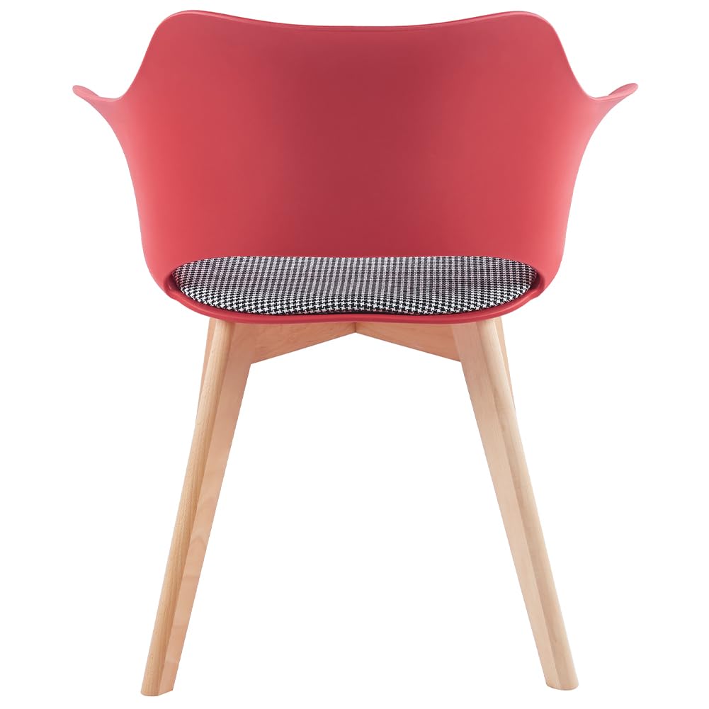 Shally Dogan Set 4 Sedie per Sala da Pranzo con Piedi in Legno e Seduta con Morbida Imbottitura e Trama a Quadretti, Sedia Design Nordico, Poltrona Ideale per Cameretta, Cucina, Ufficio (Rosso)
