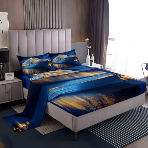 Twin 4 Piece Sheet Set Photography Luxury Cruise Ship Bedding Set Deep Pockets, Blue Comfy Breathable & Cooling Microfiber Fitted Sheets Easy-Fit Extra Soft & Wrinkle Free Sheets