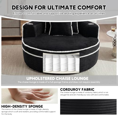 Image of Oversized Round Chair Lounge Chaise Indoor, 54.3 inch Upholstered Corduroy Deep Seat Single Cloud Sofa Chair with Cup Holder, Modern Large Circle Boneless Sleeper Sofa for Living Room, Black