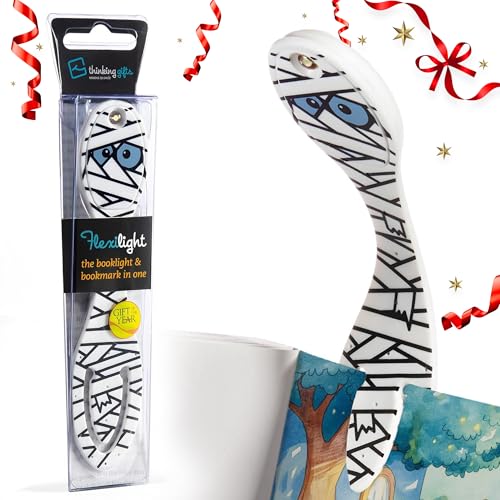 Image of Gifts for Readers & Writers Book Light, Clip On Reading Light for Bed, 2in1 Flexilight & Bookmark, Small & Lightweight with a Soft Glow, 2 Batteries Included, Mummy