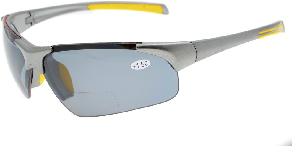 Eyekepper TR90 Unbreakable Sports Half-Rimless Bifocal Sunglasses Baseball Running Fishing Driving Golf Softball Hiking Grey Frame Grey Lens,+1.5