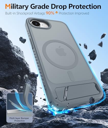 Image of FNTCASE for iPhone 16E Phone Case: [Magnetic Stand] [Compatible with Magsafe] Translucent Matte Military Grade Shockproof Drop Rugged Protective Phone Cover, Gray