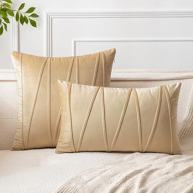 Image of Amazon Brand - Umi Decorative Striped Throw Pillow Covers 18 X 18 Inch,Soft Solid Velvet Pillow Covers Cushion Case with Zigzag Pattern for Sofa Bedroom 45 X 45 Cm (Pack of 2) Beige