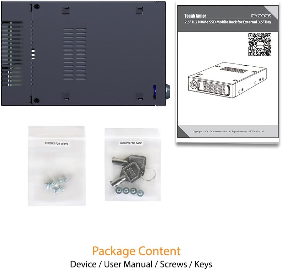 ICY DOCK 2.5” U.2 NVMe SSD PCIe 3.0/4.0 Mobile Rack for External 3.5” Drive Bay | ToughArmor MB601VK-1B