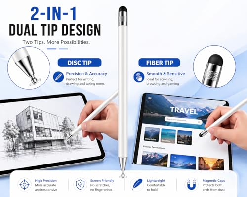 Image of Mizi 2-in-1 Stylus Pen for Touch Screens - High Precision Disc & Rubber Tip, Universal Stylus for iPhone, iPad, Android Tablets, Kindle, Chromebook, Switch - No Bluetooth, No Charging - White