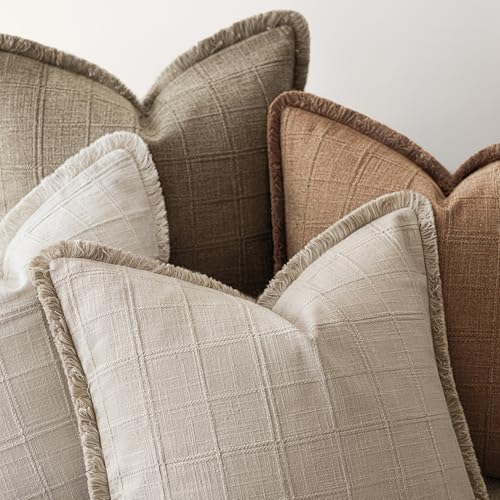 Image of Foindtower Set of 2 Decorative Linen Check Fringe Throw Pillow Covers Farmhouse Vintage Cushion Covers Modern Boho Home Decor for Sofa Chair Couch Bedroom Living Room Outdoor,24x24 Inch,Brick Red