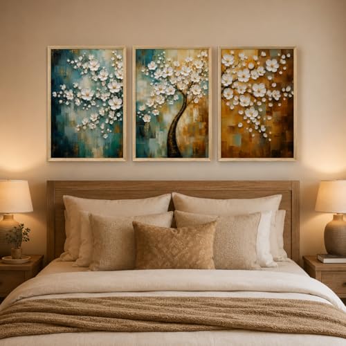Image of Livin'luxe Set of 3 White Blossom Tree Wall Paintings for Living Room Bedroom Hallway Decor with Premium Wooden Color Synthetic Frame (25.5 x 19.5 Inch) NM03-94