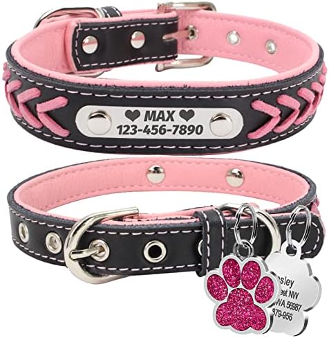 Reflective Personalized Dog Collar with Bells Soft Leather Style Sturdy & Adjustable Collar with Engraved Nameplate for Small Medium Large Dogs,Pink