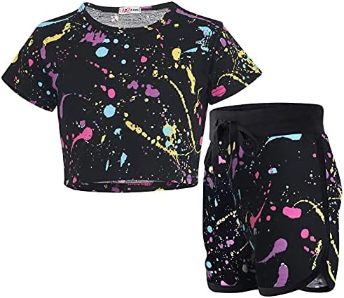 A2Z 4 Kids Tie Dye Pastel Splash Crop Top & Shorts Set Short Sleeves T Shirt Black Border Shorts Summer Outfit Two Piece Activewear Girls Boys Age 5-13 Years