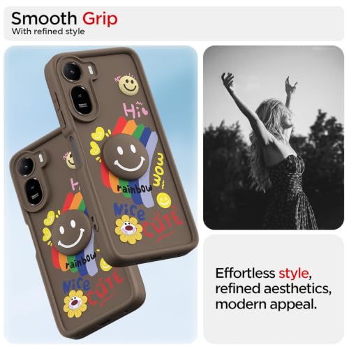 Image of Pikkme Back Cover for Redmi A7 Pro /Poco C85x 5G | Soft Silicone| Cute Rainbow Smile & 3D Cartoon Flower Design | Shockproof Raised Camera Protection Bumper Case (Brown)