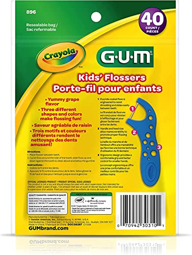 Flosser GUM Crayola, Fio Dental Infantil com haste, Sabor Uva, 40 unid.