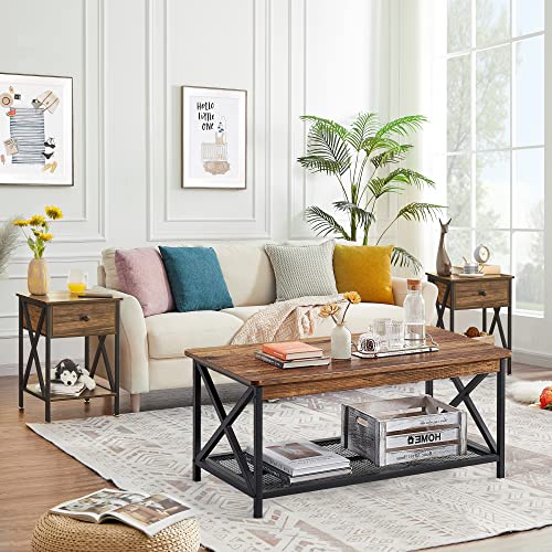Vecelo Modern Set Of 3 For Living Room, Versatile Night Stands With Storage Drawer For Home And Office, Industrial Metal Frame, 2-Tier Coffee Table+Two Nightstands, Brown #TOP2