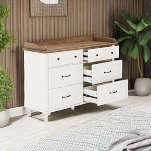 WAMPAT Dresser for Bedroom with 6 Drawers, Wooden Kids Dressers with Wide Chest of Drawers, Mid Century Modern Closet Storage Organizer for Living Room, Nursery, Hallway, Off White WAMPAT Dresser for Bedroom with 6 Drawers Wooden Kids Dressers with Wide Chest of Drawers Mid Century Modern Closet Storage Organizer for Living Room Nursery Hallway Off White
